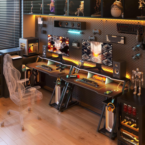 Gaming Desk with Power Outlet & LED Lights|primemart.nz/