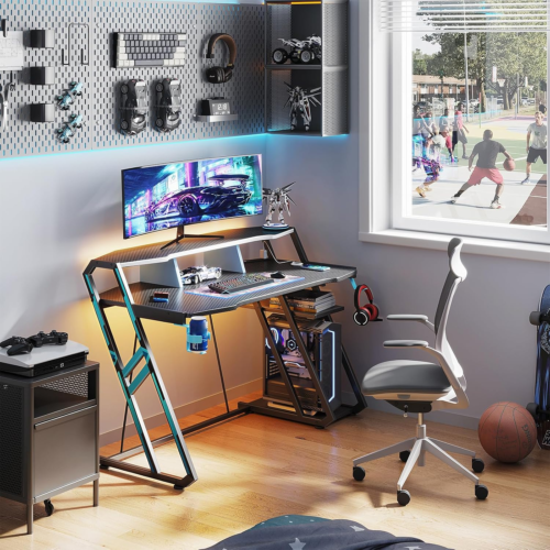 Gaming Desk with Power Outlet & LED Lights|primemart.nz/