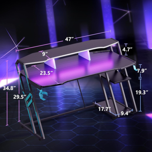 Gaming Desk with Power Outlet & LED Lights|primemart.nz/