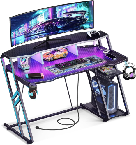 Gaming Desk with Power Outlet & LED Lights|primemart.nz/