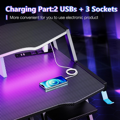 Gaming Desk with Power Outlet & LED Lights|primemart.nz/